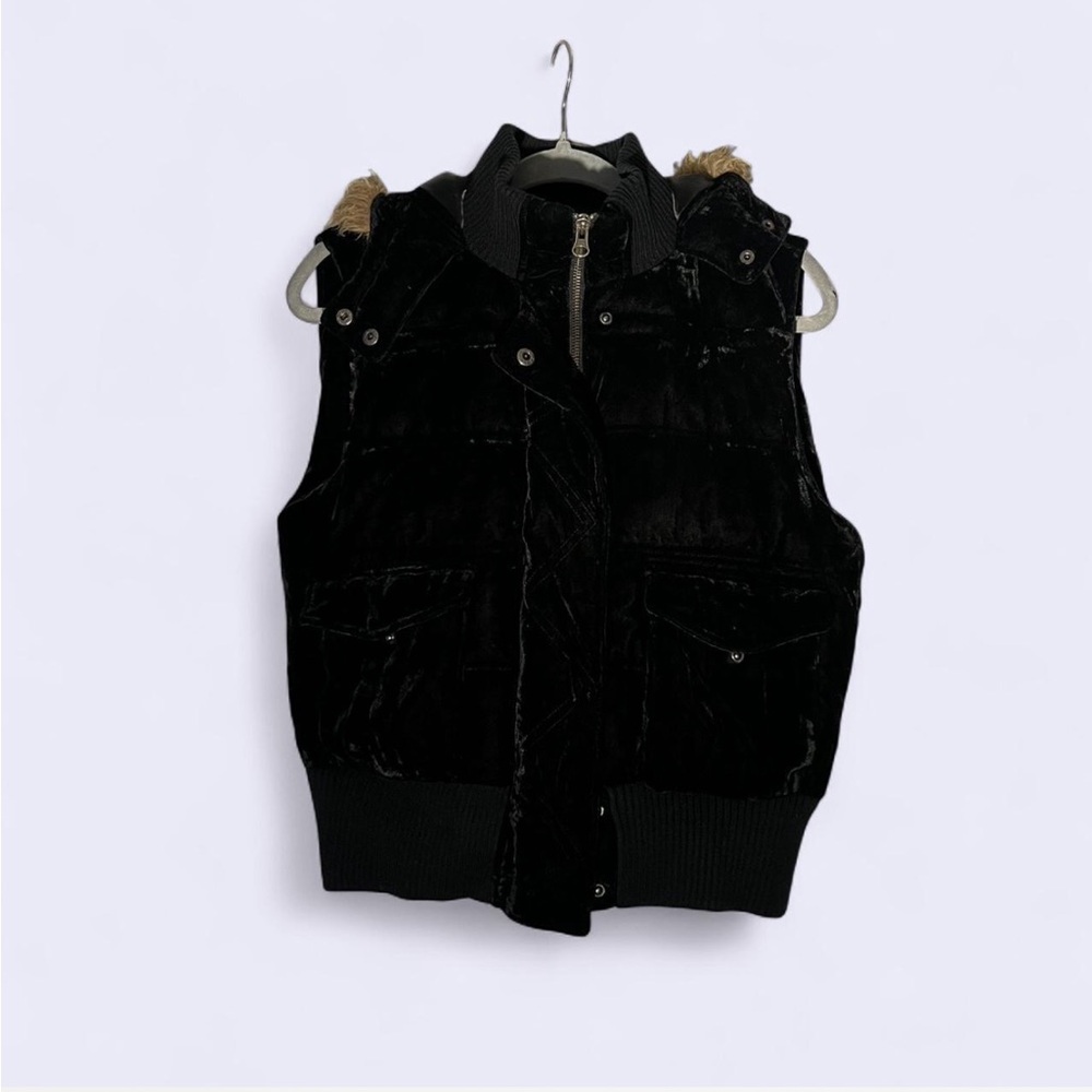 Old Navy Black Velvety Vest with Fur Trim